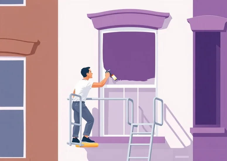 Peintre sur échafaudage traitant la façade d'une maison
